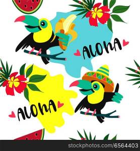 Seamless pattern. Cheerful friendly toucans. Tropical background with birds, exotic leaves and fruits. Vector illustration.