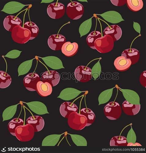 Seamless pattern cherry fruits, Fresh organic food, Red fruits berry pattern on black. Vector illustration.