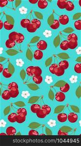 Seamless pattern cherry fruits with blossom flower, Fresh organic food, Red fruits berry pattern on green. Vector illustration.