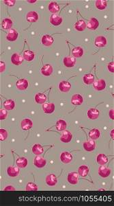 Seamless pattern cherry fruits with circle dot, Fresh organic food, pink fruits berry pattern on brown. Vector illustration.