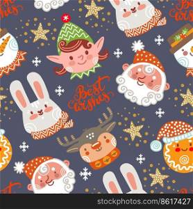 Seamless pattern christmas animals heads, Santa, elf and stars on navy background vector illustration. For print and design , greeting cards, wrapping paper, fabric, porcelain, bed linen, decor. Seamless pattern christmas animal heads background vector illustration navy