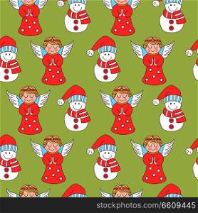Seamless pattern. Christmas decorations. Snowmen and cute angels. On a light green background. Perfect for packing Christmas gifts.. Merry Christmas. Seamless pattern on a Christmas theme. Vector illustration