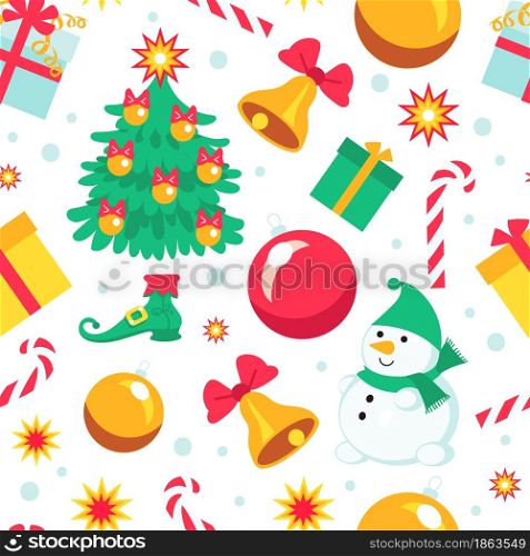 Seamless pattern christmas gifts. Winter holiday kids background, funny characters, snowman, new year tree, toys and caramel canes isolated on white, vector wrapping paper, wallpaper print or fabric. Seamless pattern christmas gifts. Winter holiday kids background, funny characters, snowman, new year tree, toys and caramel canes isolated on white, vector wrapping paper, print or fabric