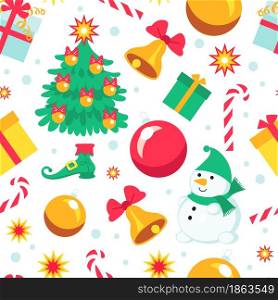 Seamless pattern christmas gifts. Winter holiday kids background, funny characters, snowman, new year tree, toys and caramel canes isolated on white, vector wrapping paper, wallpaper print or fabric. Seamless pattern christmas gifts. Winter holiday kids background, funny characters, snowman, new year tree, toys and caramel canes isolated on white, vector wrapping paper, print or fabric