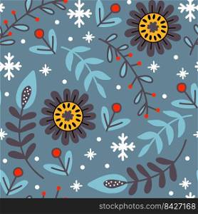 Seamless pattern christmas plants and snowflakes on blue background vector illustration. For print, design of Christmas products, greeting cards, wrapping paper, fabric, porcelain, bed linen, decor. Seamless pattern christmas plants background vector illustration