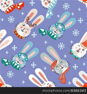 Seamless pattern christmas rabbits in scarves and snowflakes on blue background vector illustration. For print and design , greeting cards, wrapping paper, fabric, porcelain, bed linen, decor. Seamless pattern christmas rabbit heads background vector illustration blue