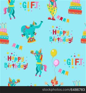 Seamless pattern. Circus animals, circus artists. Bright pattern. Seamless pattern. Circus animals, circus artists. Bright pattern for printing on textiles, wrapping paper, for registration of a cheerful holiday in honor of birthday or gift packaging.