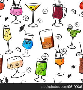 Seamless pattern Cocktail beverages background. Cocktail party collection main types vintage design, doodle, vector illustration. For wrapping paper, textile, wallpaper. Seamless pattern Cocktail beverages background