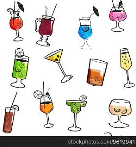 Seamless pattern Cocktail beverages background. Cocktail party collection main types vintage design, vector illustration. For wrapping paper, textile, wallpaper. Seamless pattern Cocktail beverages background