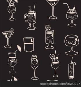 Seamless pattern Cocktail beverages sketch background. Cocktail party collection main types vintage design, vector illustration. For wrapping paper, textile, wallpaper. Seamless pattern Cocktail beverages sketch background