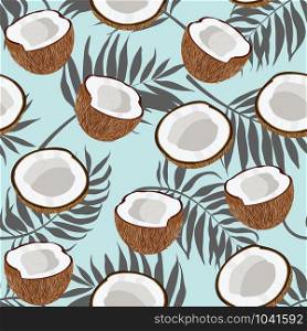 Seamless pattern coconut piece and palm leaves on blue background, Vector illustration
