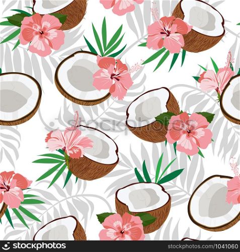 Seamless pattern coconut piece and palm leaves with pink hibiscus, Vector illustration in flat style.