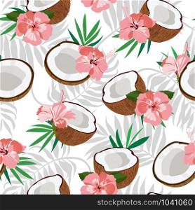Seamless pattern coconut piece and palm leaves with pink hibiscus, Vector illustration in flat style.