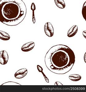 Seamless pattern coffee mug and coffee beans in vintage style. Top view coffee in a cup