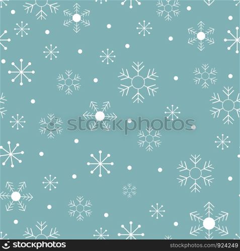 Seamless pattern cold Winter in Christmas Day with Cute cartoon snowflakes in different size on blue background,Vector seamless for wrapping paper or fabric