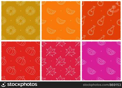Seamless pattern collection. Color vector background set. Fruit texture group. Sun, leaf, watermelon, pear, tangerine, orange. Doodle sketch wallpaper
