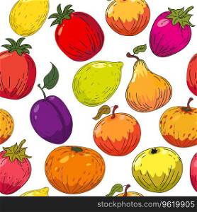 Seamless pattern colorful bright fruits. Hand drawing sketch fruits lemon, apple, plum,orange, tangerine. Vector illustration print fabric, wallpaper, decoration, textile. Seamless pattern colorful bright fruits. Hand drawing sketch fruits