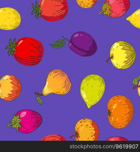 Seamless pattern colorful bright fruits. Hand drawing sketch fruits lemon, apple, plum,orange, tangerine. Vector illustration print fabric, wallpaper, decoration, textile. Seamless pattern colorful bright fruits. Hand drawing sketch fruits
