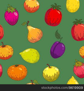 Seamless pattern colorful bright fruits. Hand drawing sketch fruits lemon, apple, plum,orange, tangerine. Vector illustration print fabric, wallpaper, decoration, textile. Seamless pattern colorful bright fruits. Hand drawing sketch fruits