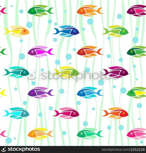 Seamless pattern. Colorful fish, bubbles and waves on white backround. Vector illustration.