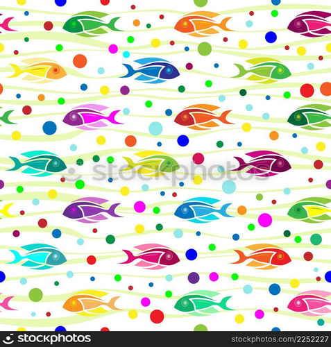 Seamless pattern. Colorful fish, bubbles and waves on white backround. Vector illustration.