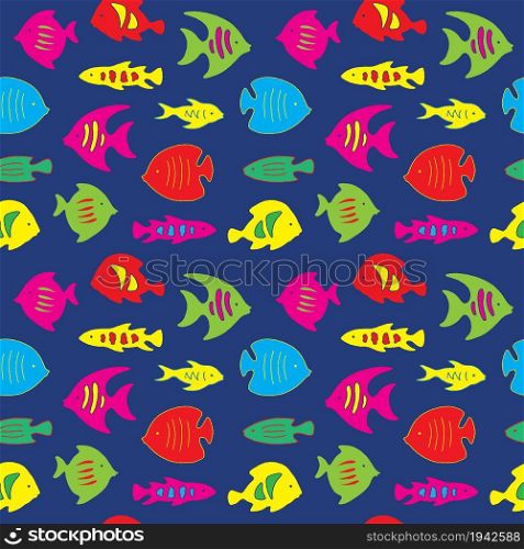 Seamless pattern. Colorful fish on blue color backround. Vector graphic illustration.