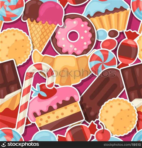 Seamless pattern colorful sticker candy, sweets and cakes.