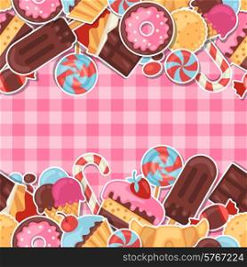 Seamless pattern colorful sticker candy, sweets and cakes.