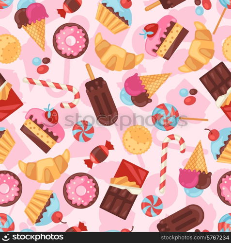 Seamless pattern colorful various candy, sweets and cakes.