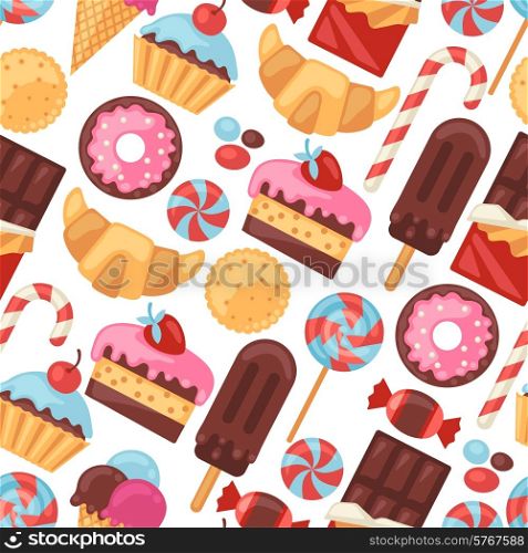 Seamless pattern colorful various candy, sweets and cakes.