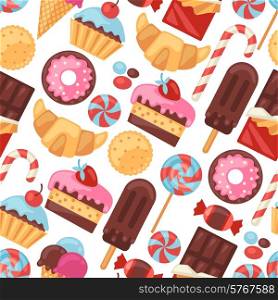 Seamless pattern colorful various candy, sweets and cakes.