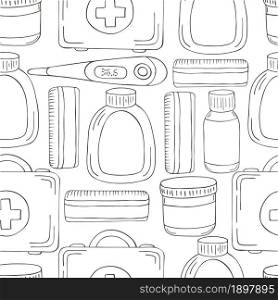Seamless pattern Coloring. Cartoon medical instruments in hand draw style. Medical case, thermometer, drugs. Monochrome medical seamless pattern. Coloring pages, black and white