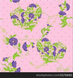 Seamless pattern - Convolvulus Flowers hearts on polka dot pink baskground