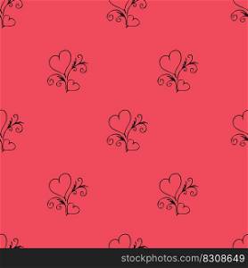 Seamless pattern Couple of red outline hearts. Hand drawn doodle texture for textile, wrapping paper on the Valentine day or wedding. Vector Illustration