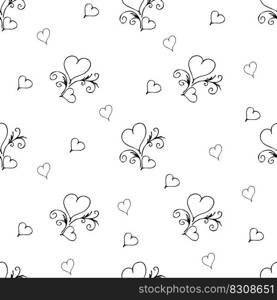 Seamless pattern Couple of red outline hearts. Hand drawn doodle texture for textile, wrapping paper on the Valentine day or wedding. Vector Illustration