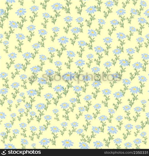 Seamless pattern Creative floral print with chamomile flowers, leaves in hand drawn style on a blue-turquoise background. Spring summer template for design. Seamless pattern Creative floral print with chamomile flowers, leaves in hand drawn style on a blue-turquoise background