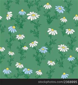 Seamless pattern Creative floral print with chamomile flowers, leaves in hand drawn style on a blue-turquoise background. Spring summer template for design. Seamless pattern Creative floral print with chamomile flowers, leaves in hand drawn style on a blue-turquoise background