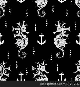 Seamless pattern. Creative seahorse, anchors and bobbles on black backround. Vector illustration.