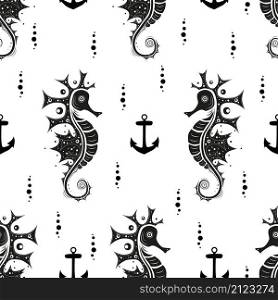 Seamless pattern. Creative seahorse, anchors and bobbles on white backround. Vector illustration.