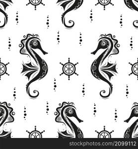 Seamless pattern. Creative seahorse, wheels and bobbles on white backround. Vector illustration.