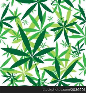 Seamless pattern. Creative stylized green leaf cannabis on a white background. Vector design illustration.