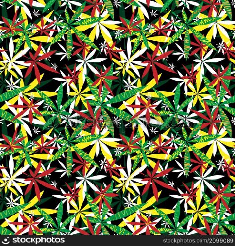 Seamless pattern. Creative stylized red green yellow and white leaf cannabis on a black background. Vector design illustration.
