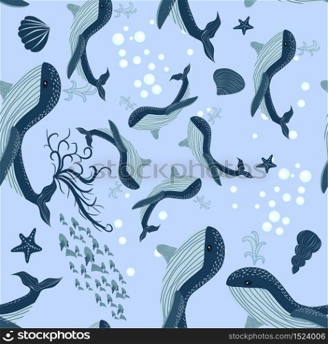 Seamless Pattern cute adorable ocean blue whale, fish, sea anchor, seaweed, wave, pastel colorful background illustration, hand draw doodle cartoon. Seamless Pattern cute adorable beach funny theme, ocean blue whale,jelly fish, sea anchor, seaweed, wave, pastel colorful