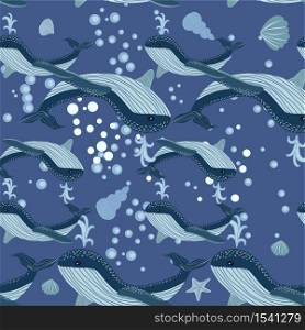 Seamless Pattern cute adorable ocean blue whale, fish, sea anchor, seaweed, wave, pastel colorful background illustration, hand draw doodle cartoon. Seamless Pattern cute adorable beach funny theme, ocean blue whale,jelly fish, sea anchor, seaweed, wave, pastel colorful