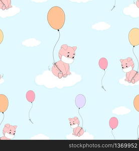 Seamless pattern cute cartoon little piggy wearing medical face mask hanging with balloon, Kawaii vector illustration of pink piglet sitting on white cloud on blue sky, Social distancing cancept