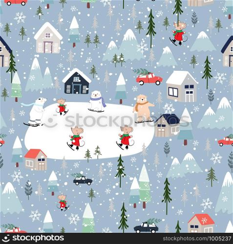 Seamless pattern Cute Christmas landscape in the town with fairy tale houses, polar bear and rats playing ice skates, trees and cars, Vector Panorama flat design in winter city life on Christmas