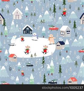 Seamless pattern Cute Christmas landscape in the town with fairy tale houses, polar bear and rats playing ice skates, trees and cars, Vector Panorama flat design in winter city life on Christmas