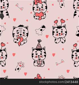 Seamless pattern. Cute different cat characters with gifts and hearts on light pink background with cat paws and ears. Vector illustration in hand drawn linear doodle style for design and decoration
