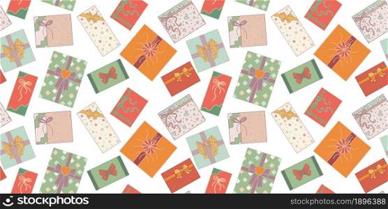 Seamless pattern. Cute hand drawn colored isolated gift boxes top view in doodle style. Christmas gift box or for birthday and party and anniversaries or for the new year. Vector backdrop