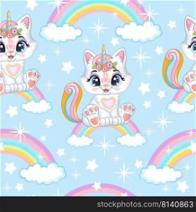 Seamless pattern cute kitty unicorn on a rainbow. Cartoon vector illustration with cat character. Girlish print for textile, fabrics, wallpaper, design, linen, decor, linen, packaging and kids apparel. Seamless pattern cute kitty unicorn vector illustration